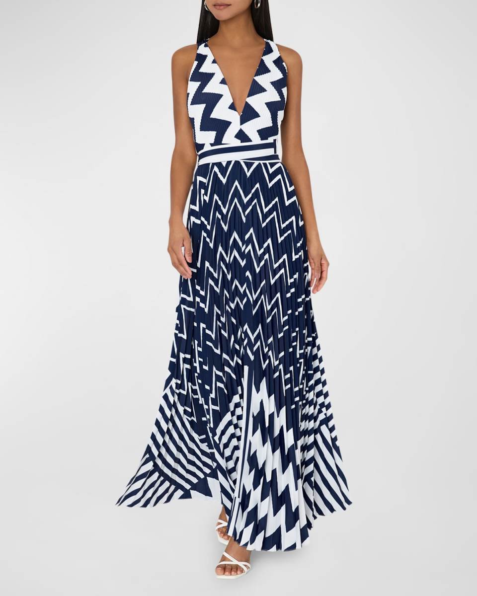 Oria Pleated Chevron-Print Maxi Dress